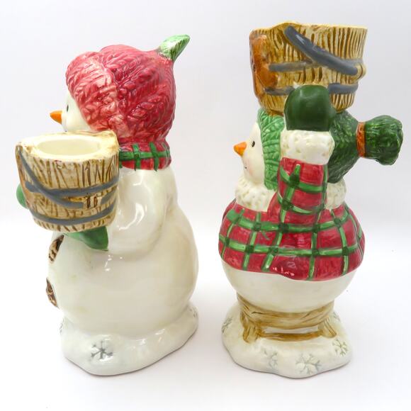 BICO Snowman Candleholder Set Christmas Ceramic Plaid Winter Decor 6 Inch Pair - Picture 5 of 12